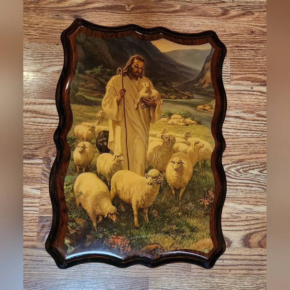 SEE CALLOUTS Vintage Wooden Lacquered Religious Plaque Jesus with Lambs